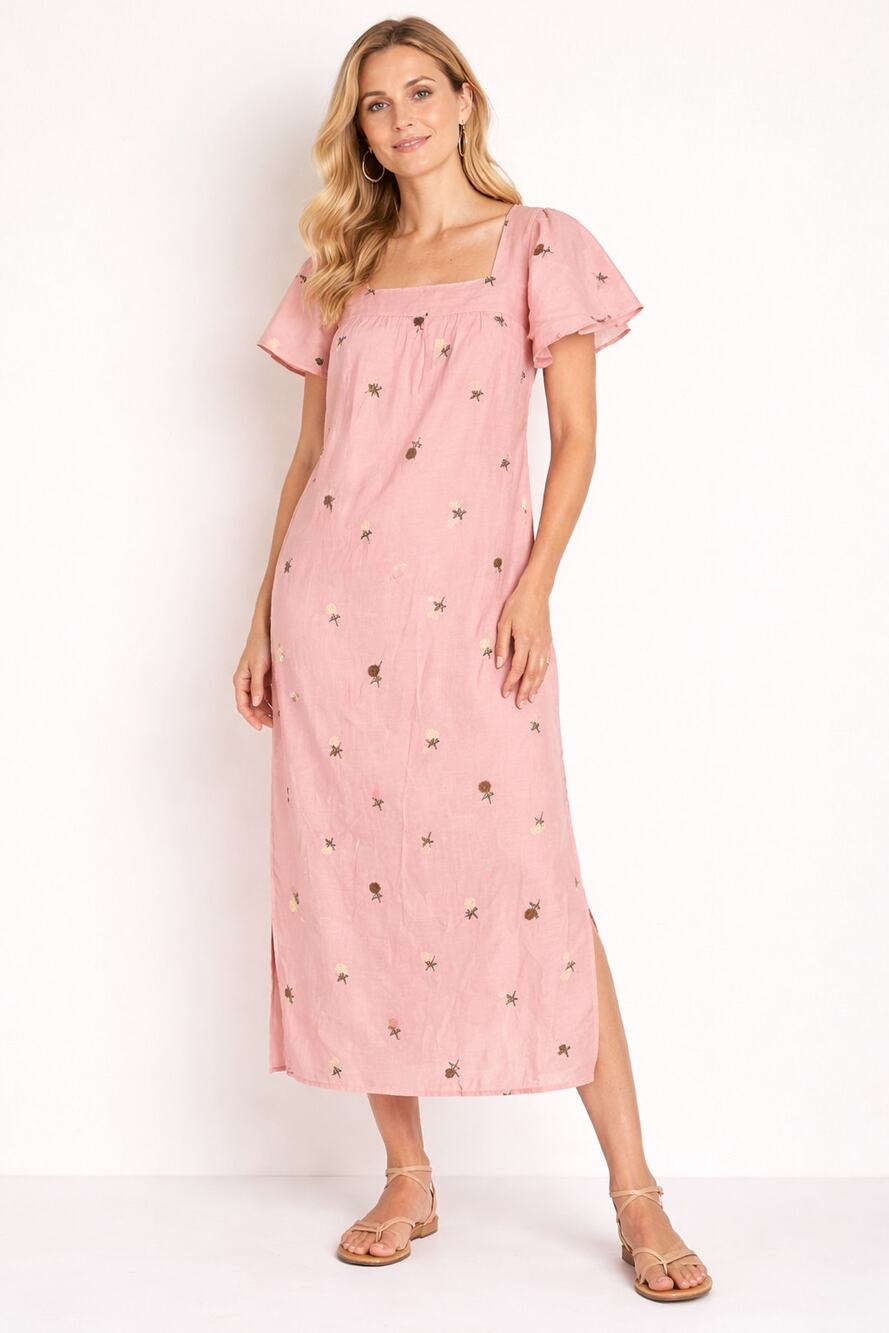Taylor Tillman Square Neck Floral Julia Midi Dress Pink Womens Medium New